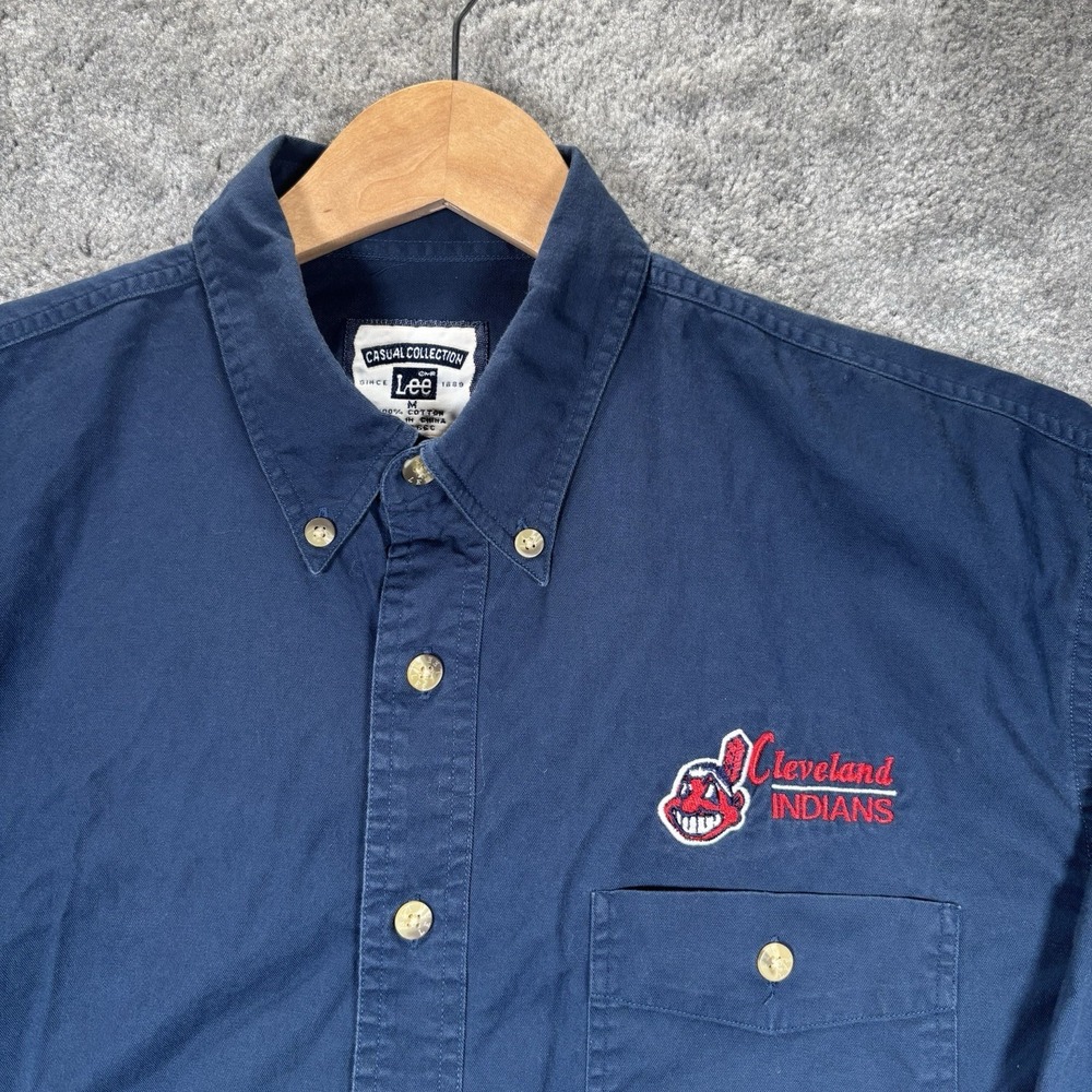 Vintage Cleveland Indians Shirt‎ Mens M Blue Embroidered Long Sleeve Button Down